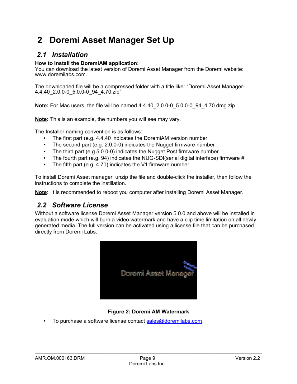 2 doremi asset manager set up, 1 installation, 2 software license | Doremi Asset Manager User Manual | Page 9 / 84