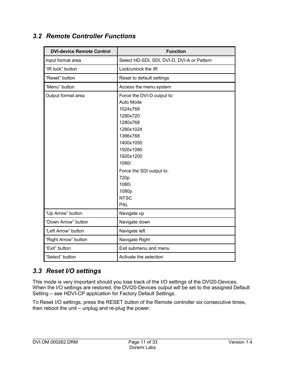 2 remote controller functions, 3 reset i/o settings | Doremi DSDI-20s User Manual | Page 11 / 33