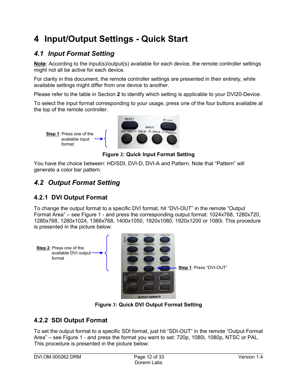 4 input/output settings - quick start, 1 input format setting, 2 output format setting | 1 dvi output format, 2 sdi output format | Doremi DSDI-20s User Manual | Page 12 / 33