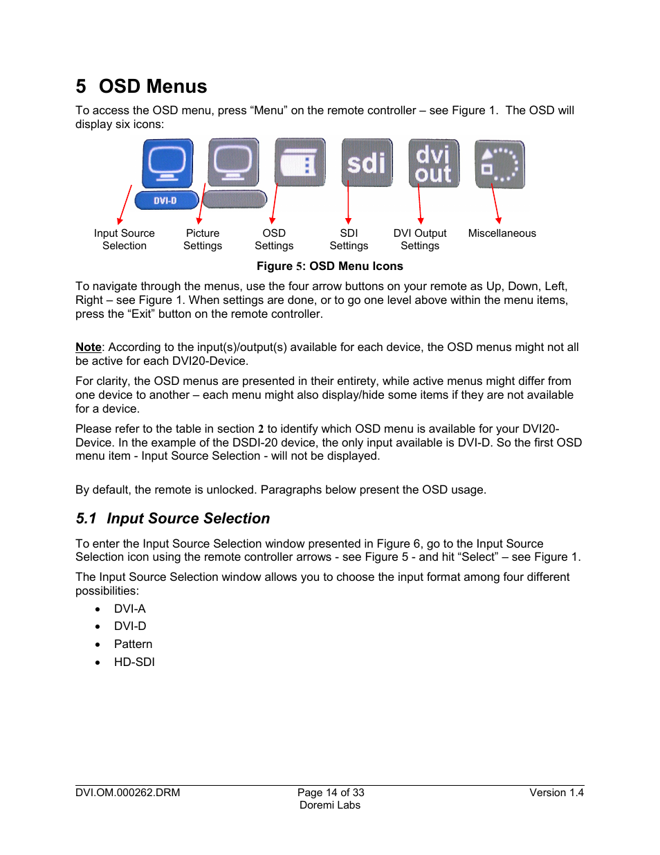 5 osd menus, 1 input source selection | Doremi DSDI-20s User Manual | Page 14 / 33