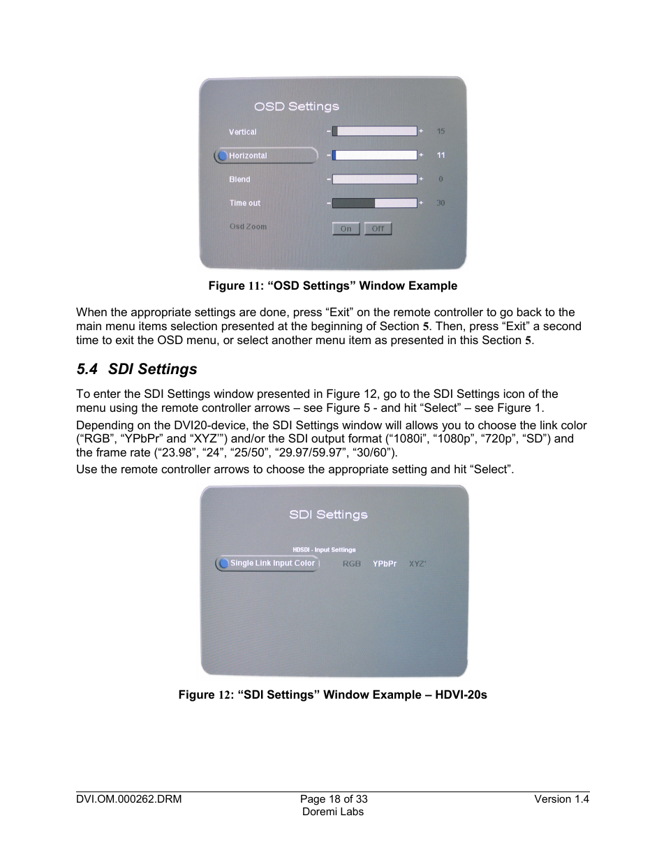 4 sdi settings | Doremi DSDI-20s User Manual | Page 18 / 33