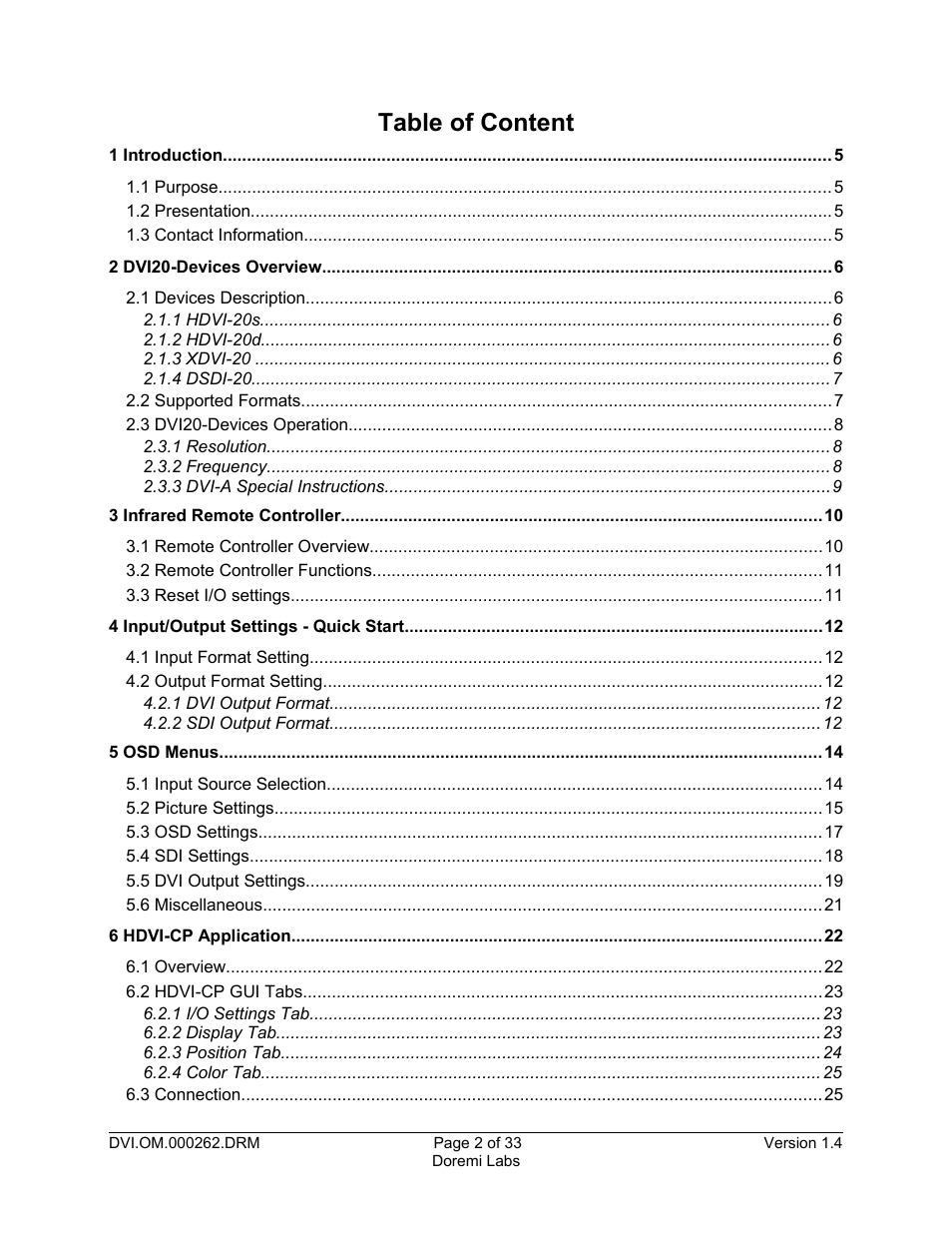 Table of content | Doremi DSDI-20s User Manual | Page 2 / 33