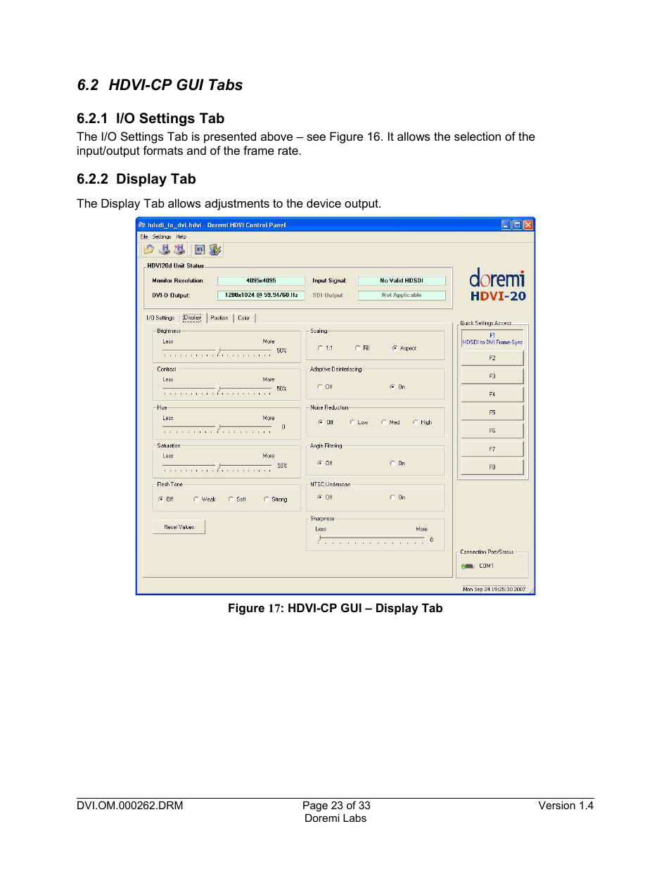2 hdvi-cp gui tabs, 1 i/o settings tab, 2 display tab | Doremi DSDI-20s User Manual | Page 23 / 33