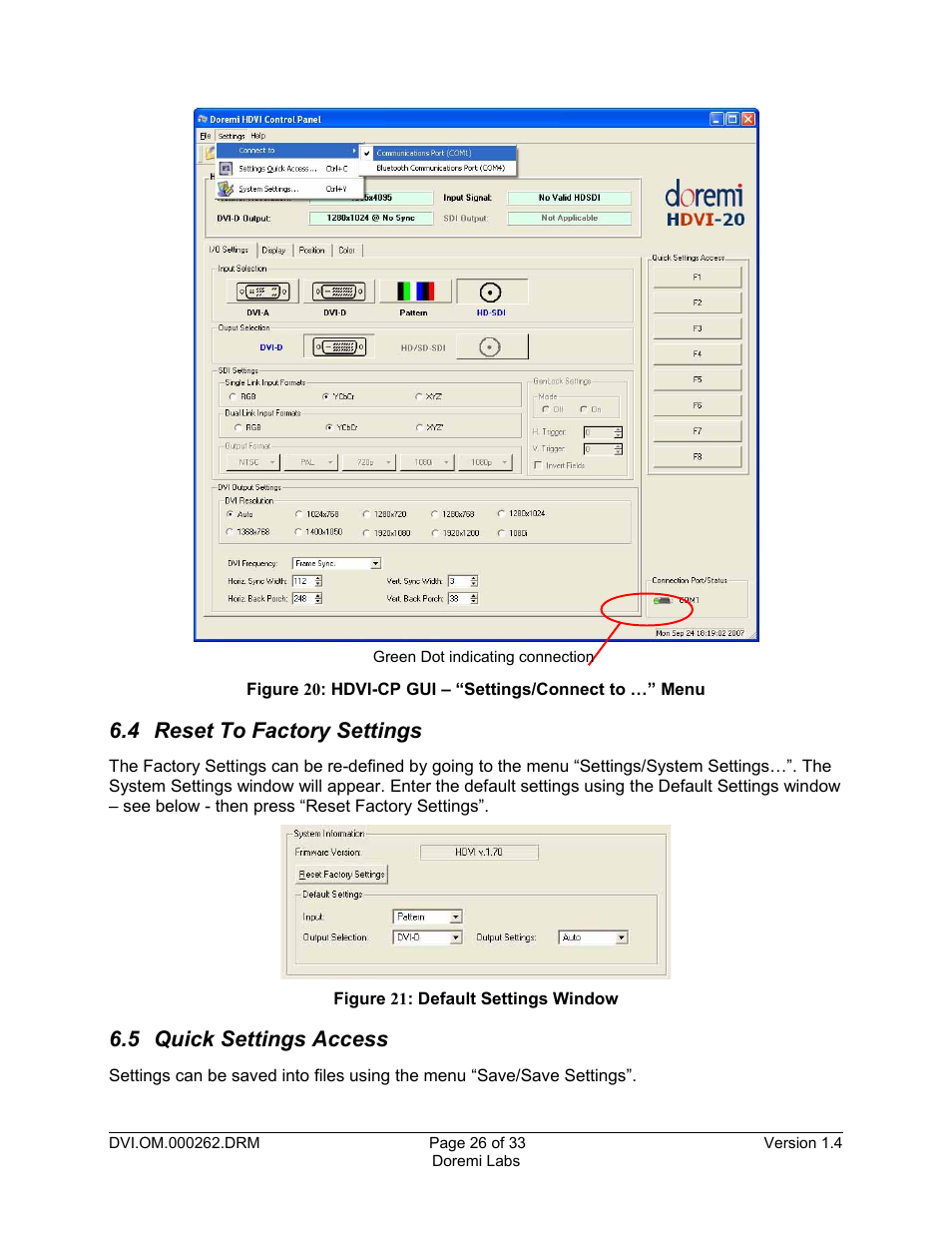 4 reset to factory settings, 5 quick settings access | Doremi DSDI-20s User Manual | Page 26 / 33