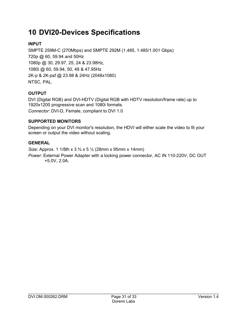 10 dvi20-devices specifications | Doremi DSDI-20s User Manual | Page 31 / 33