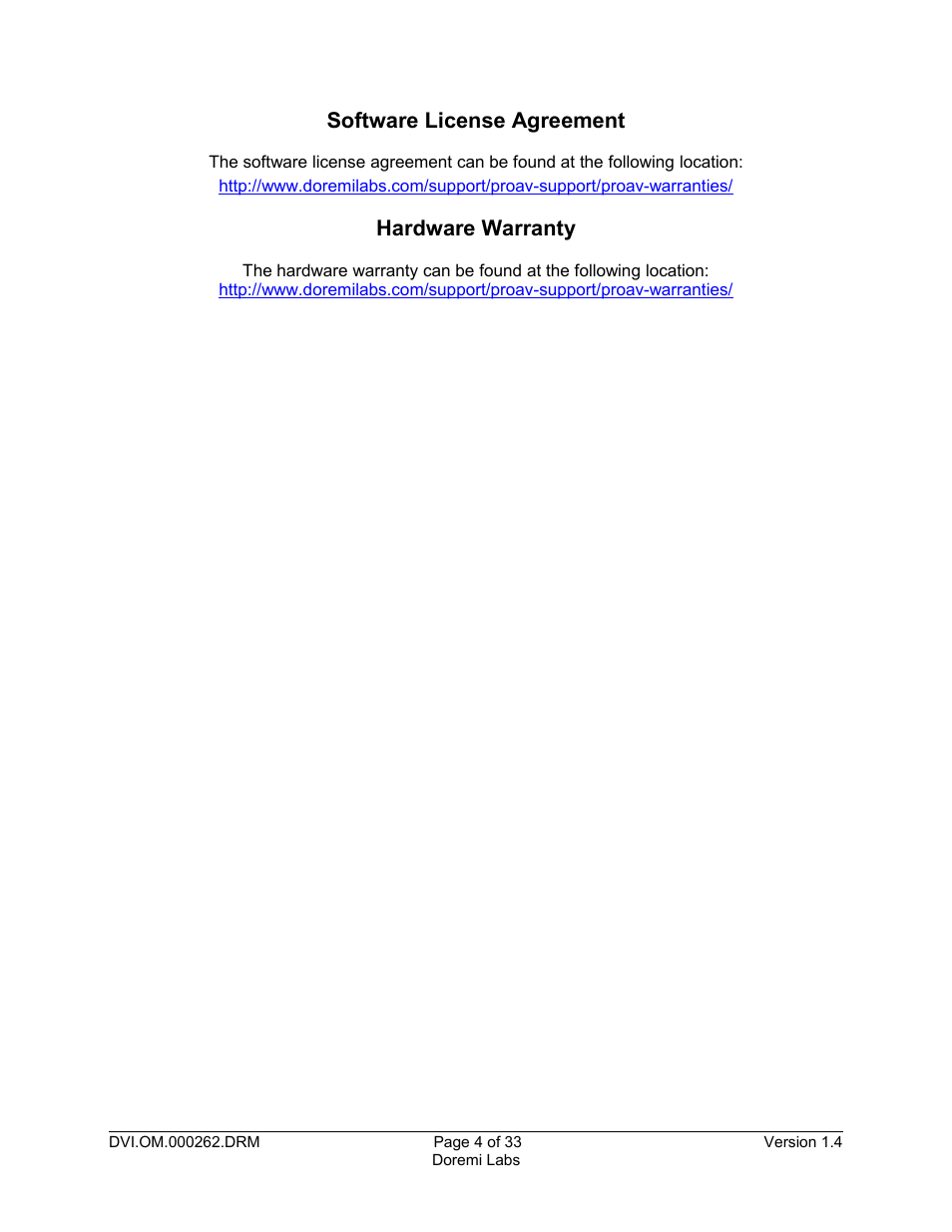 Software license agreement, Hardware warranty | Doremi DSDI-20s User Manual | Page 4 / 33