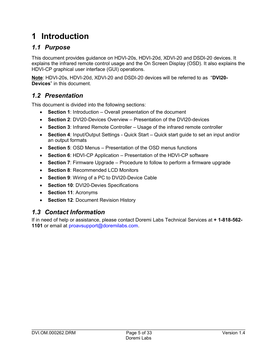 1 introduction, 1 purpose, 2 presentation | 3 contact information | Doremi DSDI-20s User Manual | Page 5 / 33
