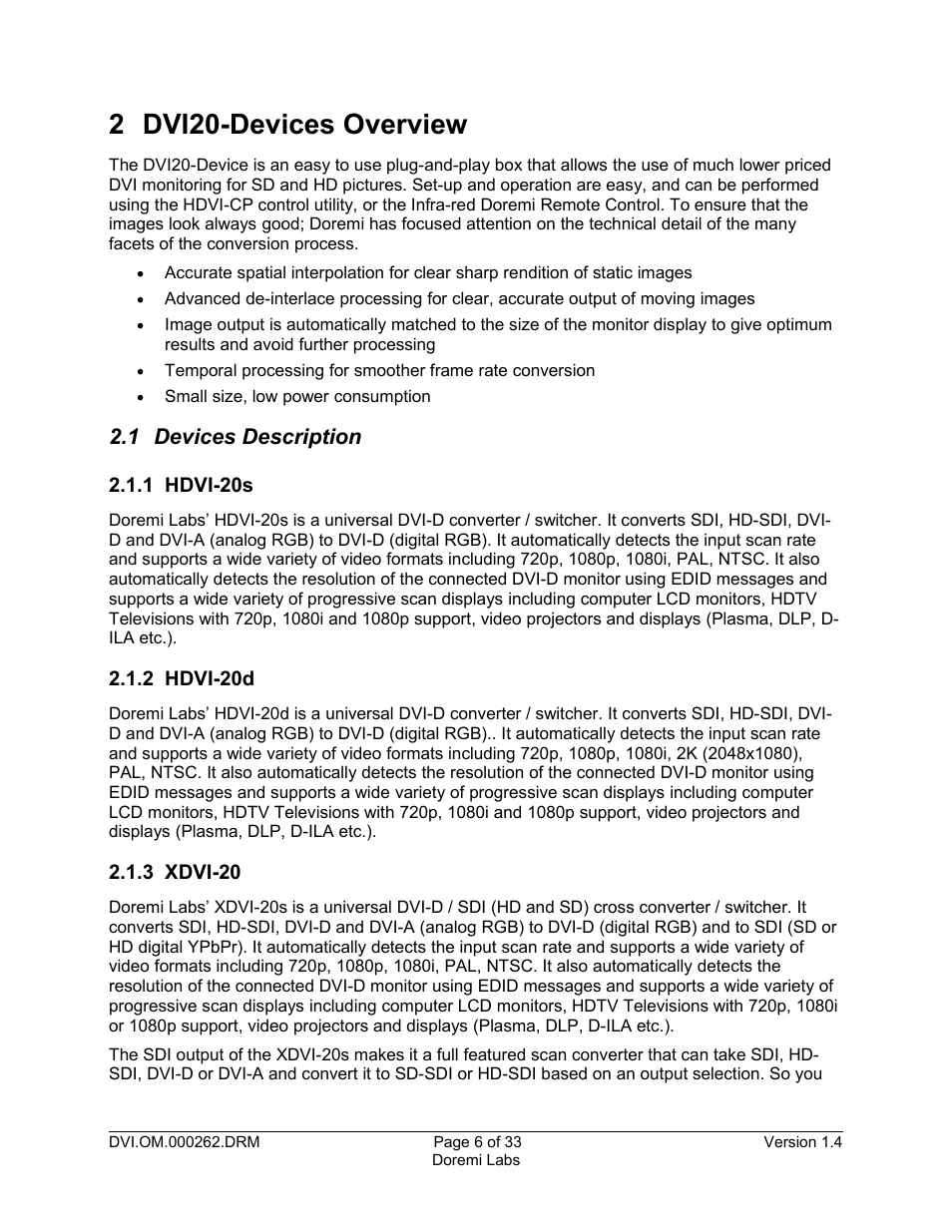 2 dvi20-devices overview, 1 devices description, 1 hdvi-20s | 2 hdvi-20d, 3 xdvi-20 | Doremi DSDI-20s User Manual | Page 6 / 33