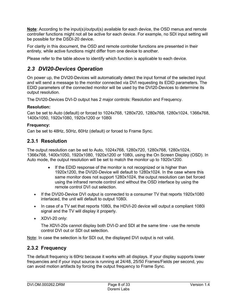 3 dvi20-devices operation, 1 resolution, 2 frequency | Doremi DSDI-20s User Manual | Page 8 / 33