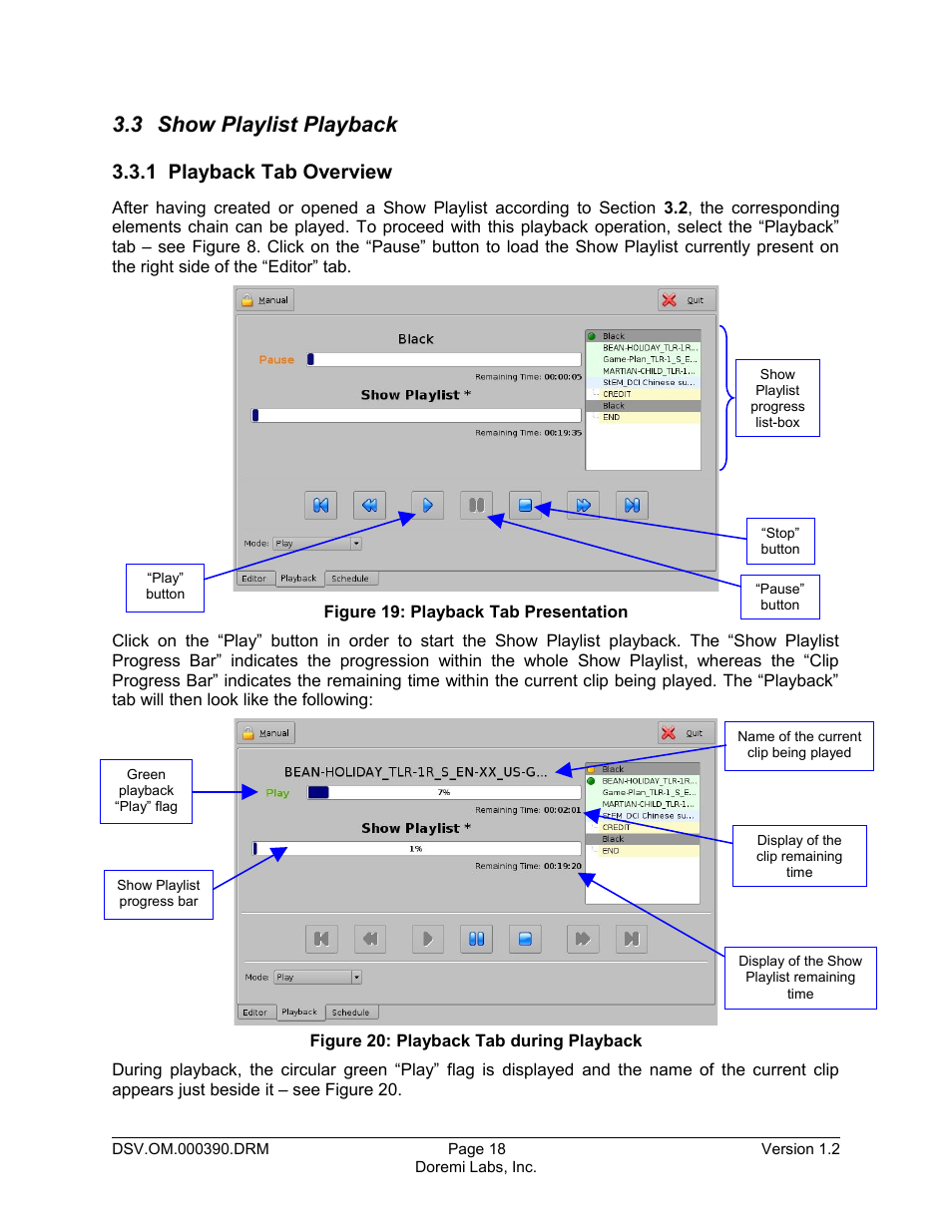 3 show playlist playback, 1 playback tab overview | Doremi DSV-J2 User Manual | Page 18 / 30