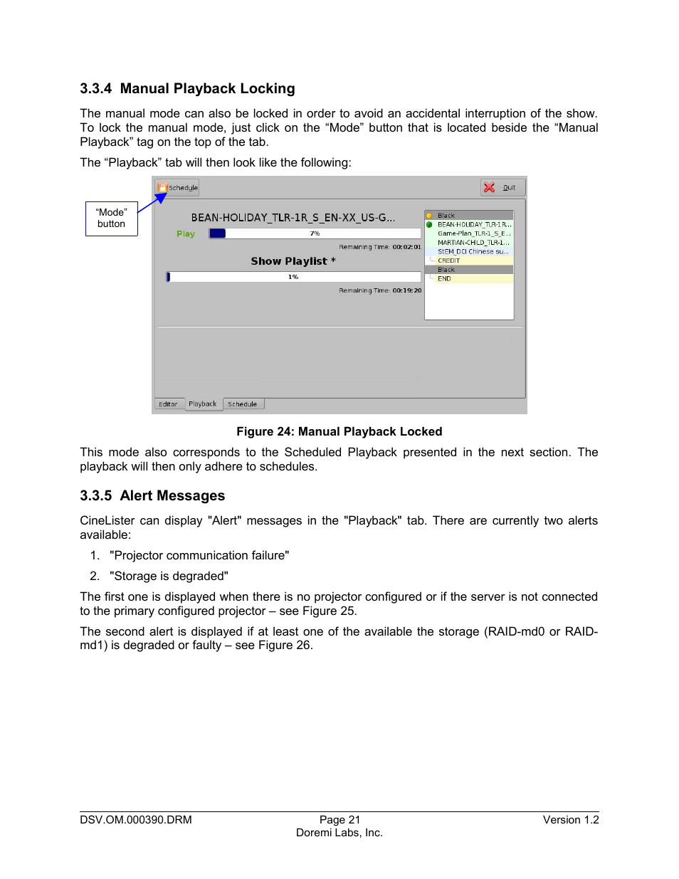 4 manual playback locking, 5 alert messages | Doremi DSV-J2 User Manual | Page 21 / 30