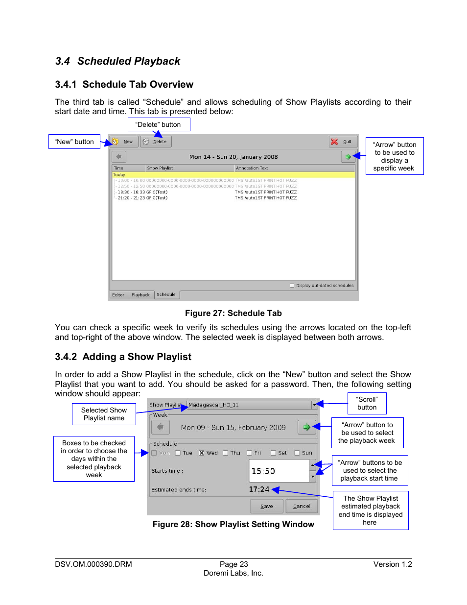 4 scheduled playback, 1 schedule tab overview, 2 adding a show playlist | Doremi DSV-J2 User Manual | Page 23 / 30
