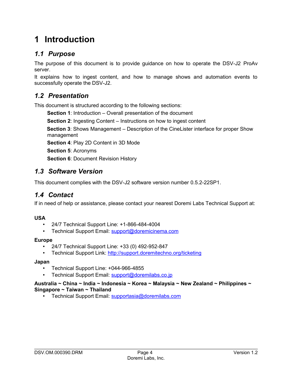 1 introduction, 1 purpose, 2 presentation | 3 software version, 4 contact | Doremi DSV-J2 User Manual | Page 4 / 30