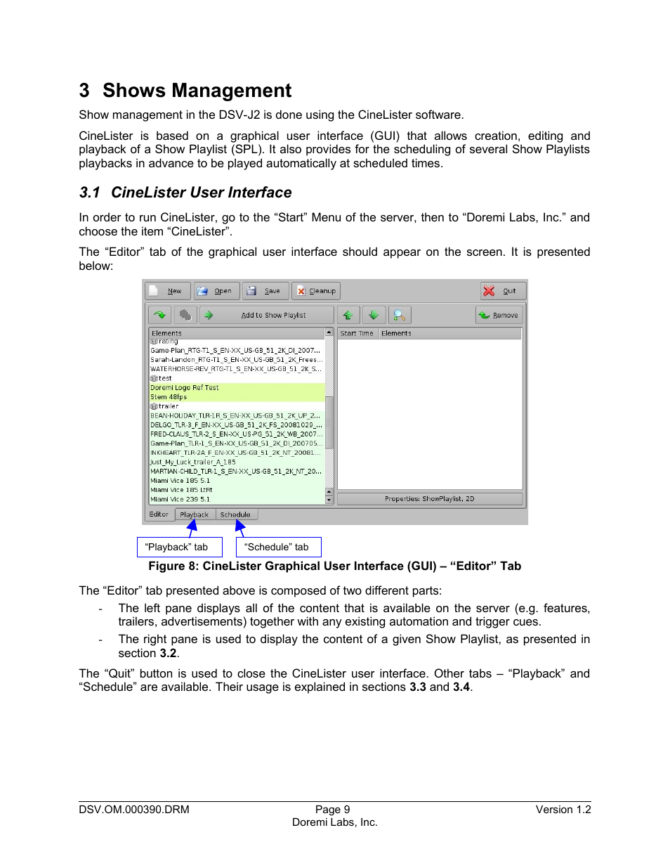 3 shows management, 1 cinelister user interface | Doremi DSV-J2 User Manual | Page 9 / 30