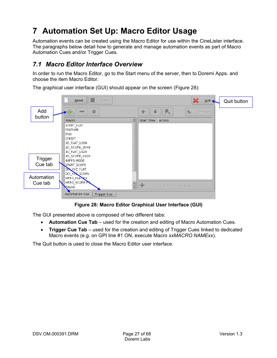 7 automation set up: macro editor usage, 1 macro editor interface overview | Doremi DSV-J2 User Manual | Page 27 / 68
