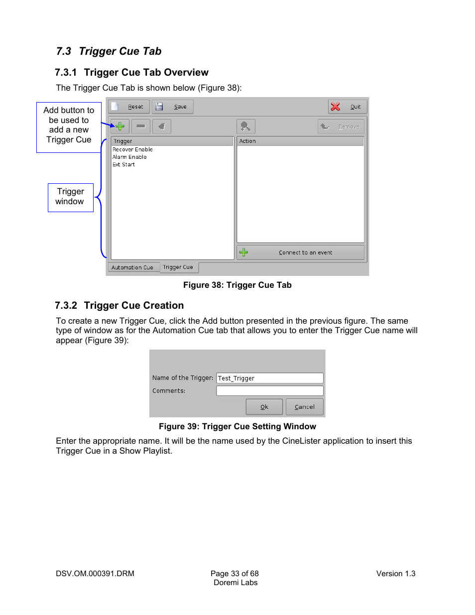 3 trigger cue tab, 1 trigger cue tab overview, 2 trigger cue creation | Doremi DSV-J2 User Manual | Page 33 / 68