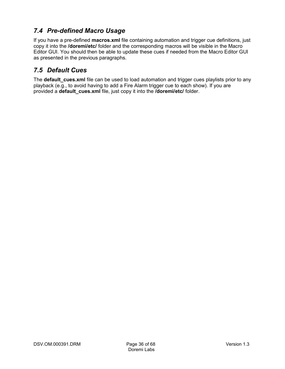 4 pre-defined macro usage, 5 default cues | Doremi DSV-J2 User Manual | Page 36 / 68