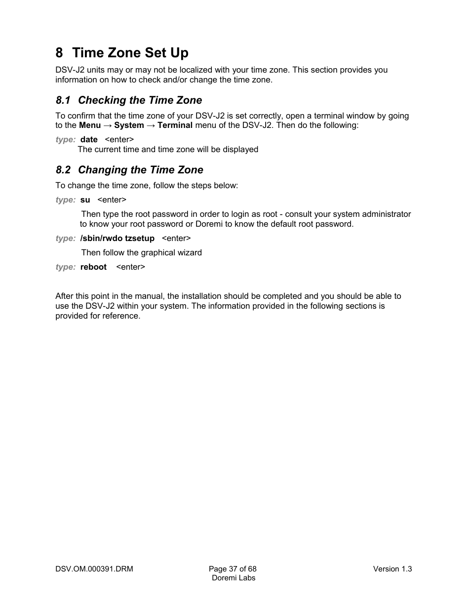 8 time zone set up, 1 checking the time zone, 2 changing the time zone | Doremi DSV-J2 User Manual | Page 37 / 68