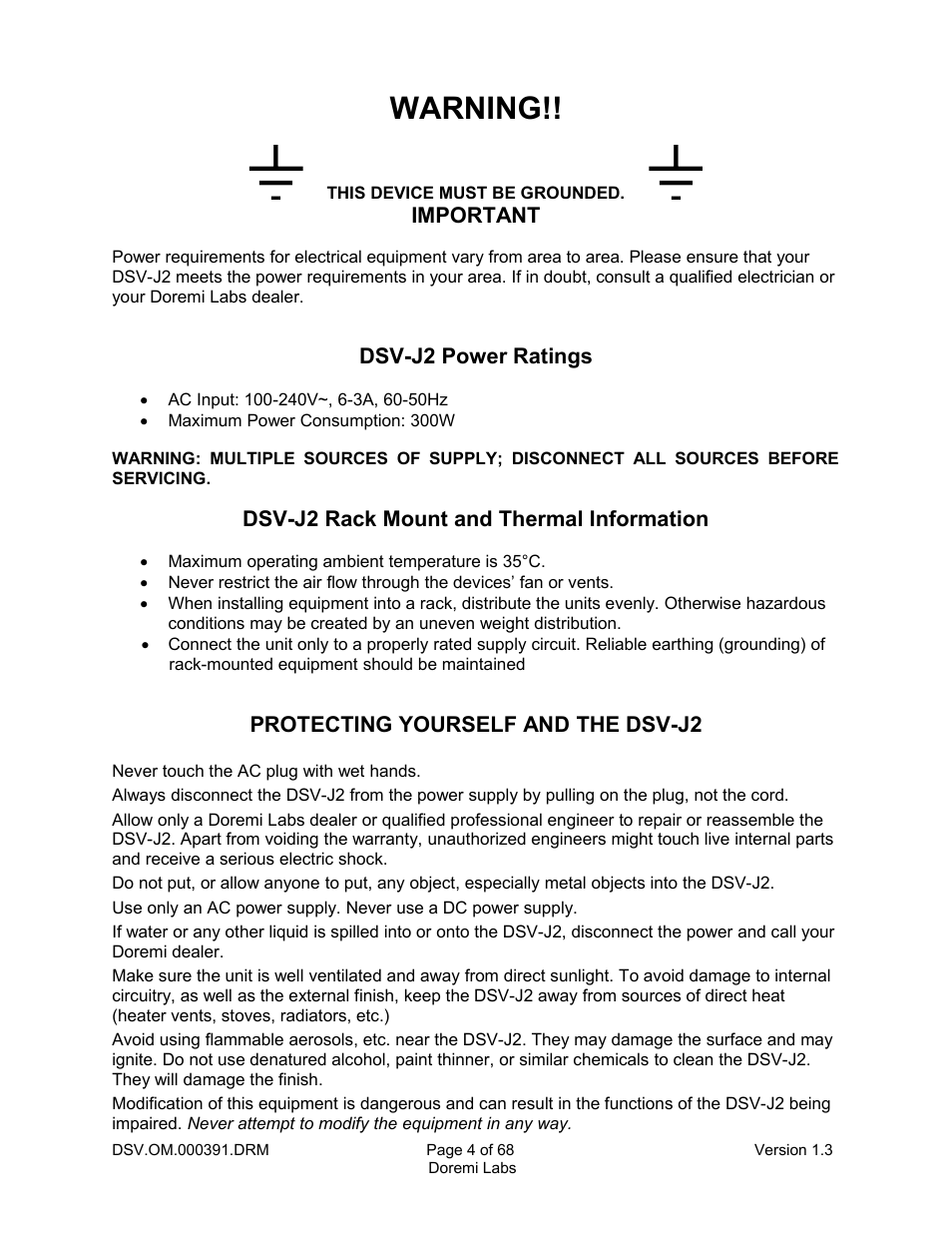 Warning | Doremi DSV-J2 User Manual | Page 4 / 68
