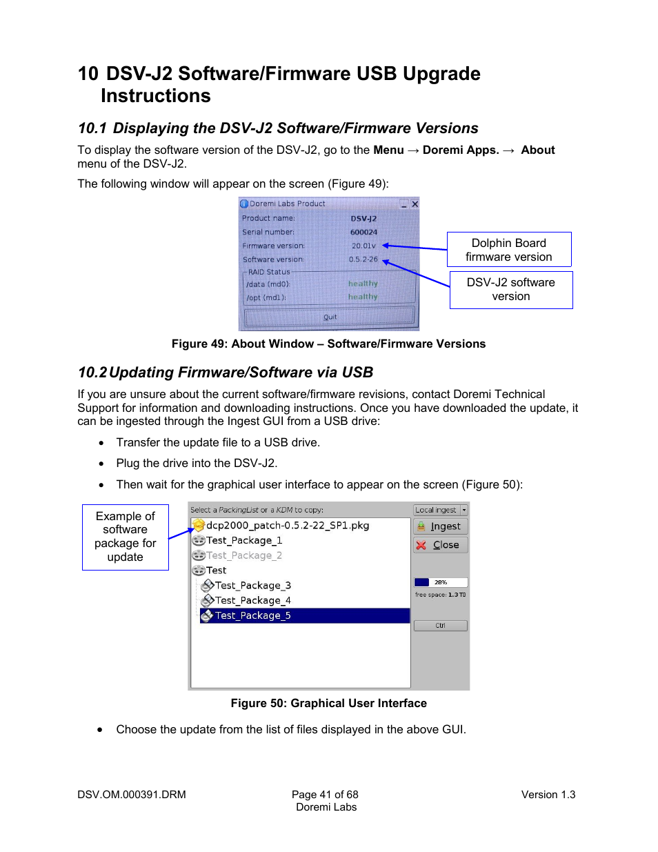 1 displaying the dsv-j2 software/firmware versions, 2 updating firmware/software via usb | Doremi DSV-J2 User Manual | Page 41 / 68