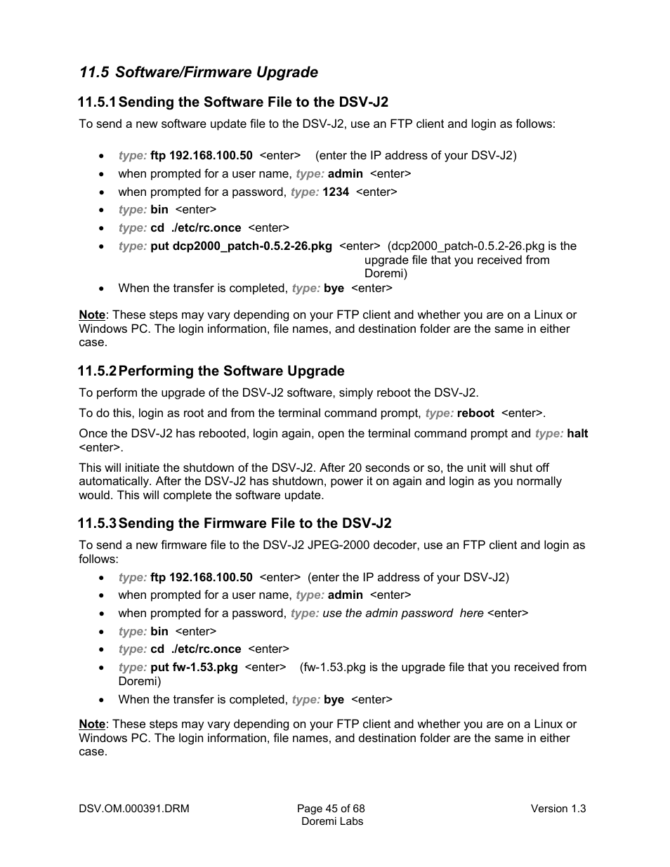 5 software/firmware upgrade, 1 sending the software file to the dsv-j2, 2 performing the software upgrade | 3 sending the firmware file to the dsv-j2 | Doremi DSV-J2 User Manual | Page 45 / 68