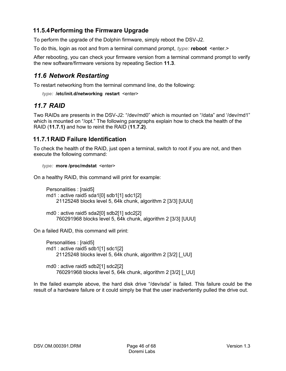 4 performing the firmware upgrade, 6 network restarting, 7 raid | 1 raid failure identification | Doremi DSV-J2 User Manual | Page 46 / 68