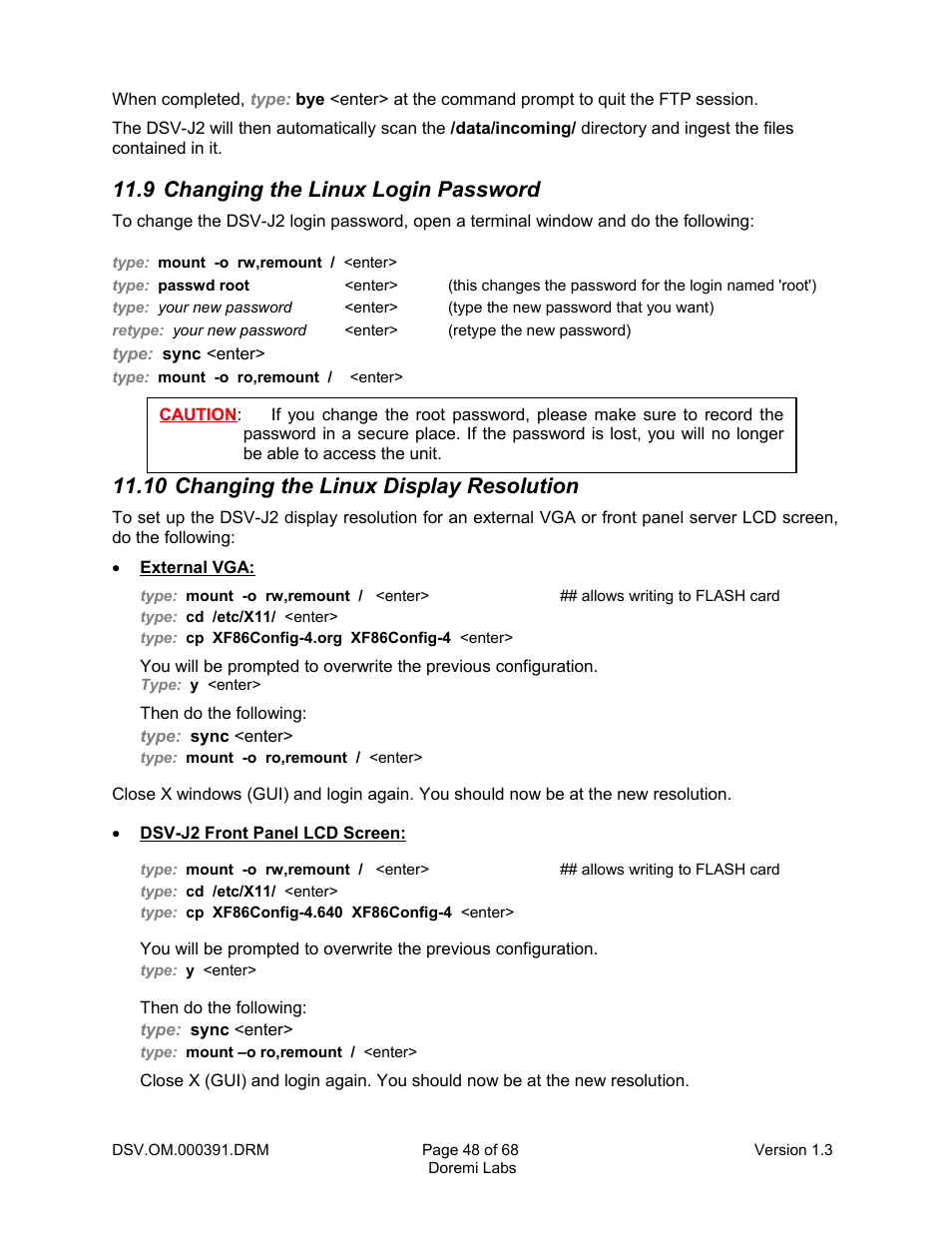 9 changing the linux login password, 10 changing the linux display resolution | Doremi DSV-J2 User Manual | Page 48 / 68
