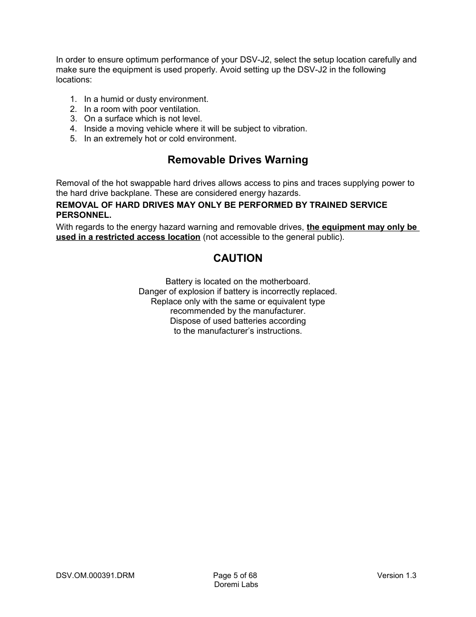 Removable drives warning, Caution | Doremi DSV-J2 User Manual | Page 5 / 68