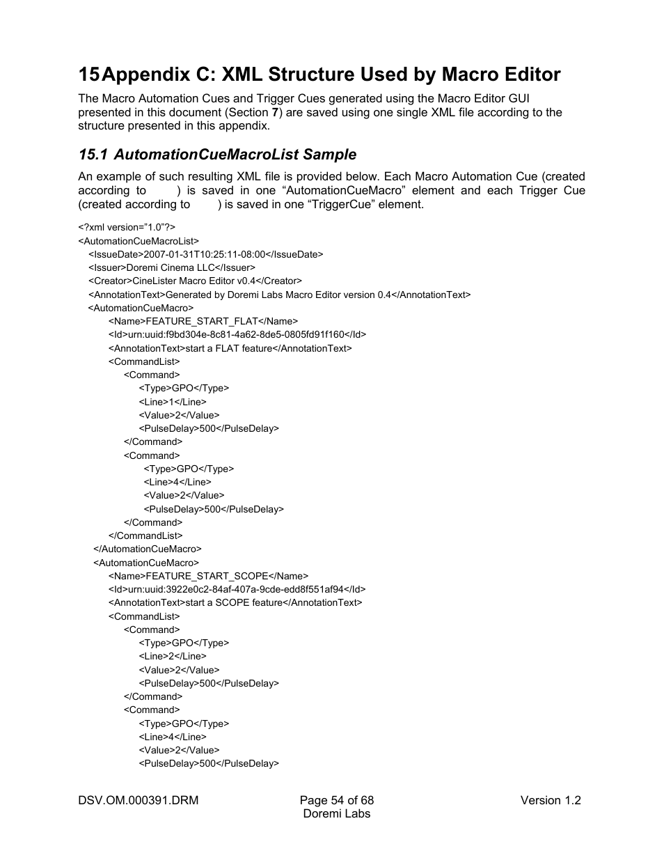 15 appendix c: xml structure used by macro editor, 1 automationcuemacrolist sample, 15appendix c: xml structure used by macro editor | Doremi DSV-J2 User Manual | Page 54 / 68