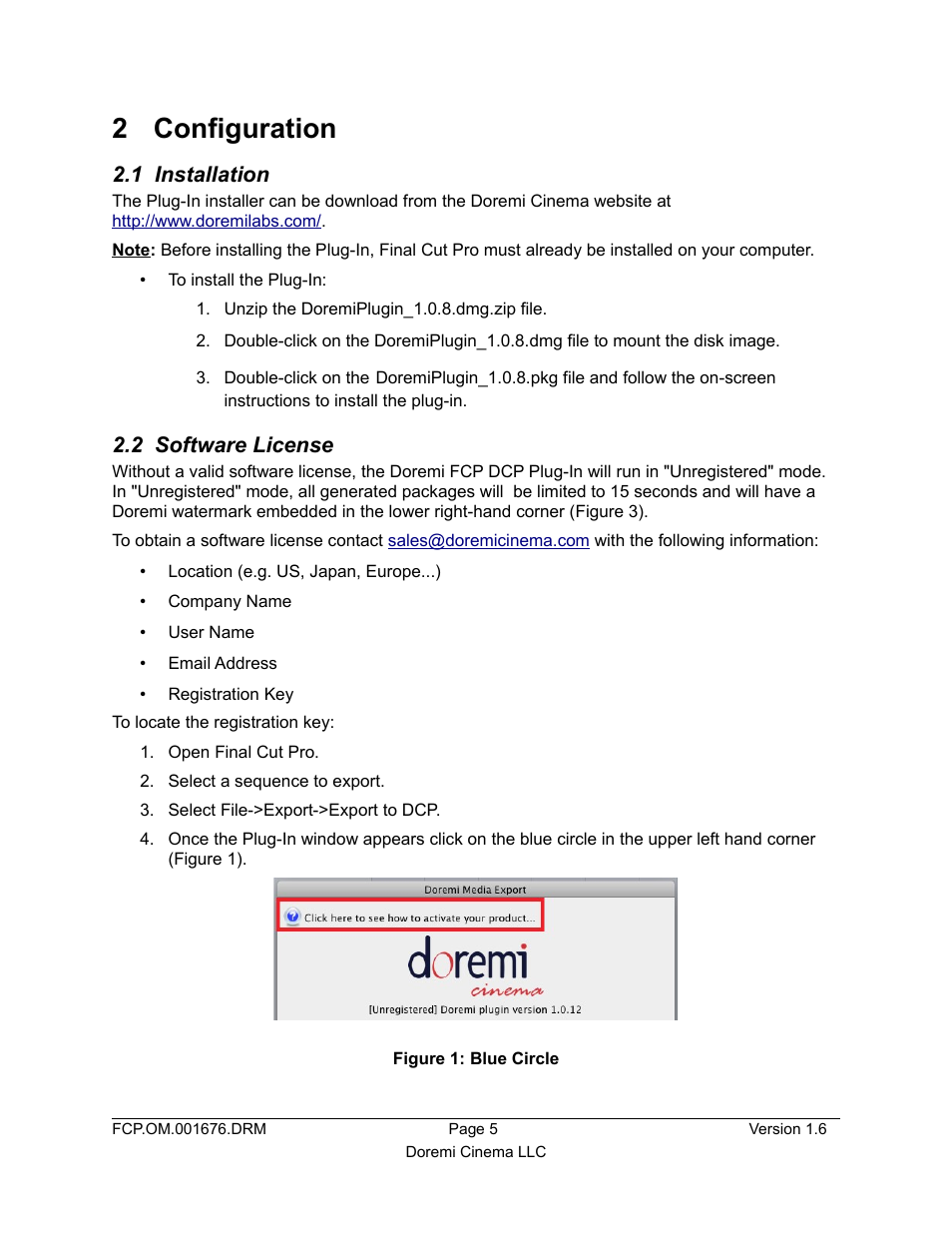 2 configuration, 1 installation, 2 software license | Doremi Final Cut Pro User Manual | Page 5 / 18