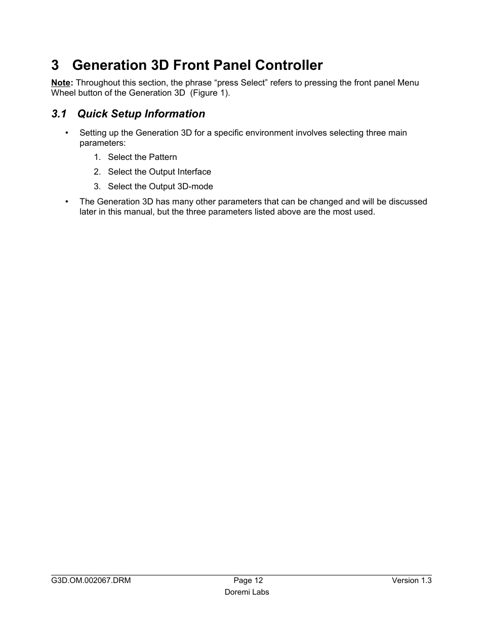 3 generation 3d front panel controller, 1 quick setup information | Doremi GENeration3D User Manual | Page 12 / 40
