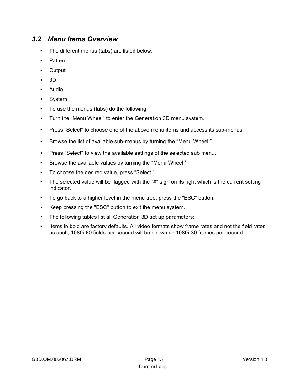 2 menu items overview | Doremi GENeration3D User Manual | Page 13 / 40
