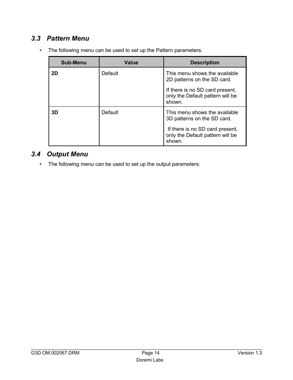 3 pattern menu, 4 output menu | Doremi GENeration3D User Manual | Page 14 / 40