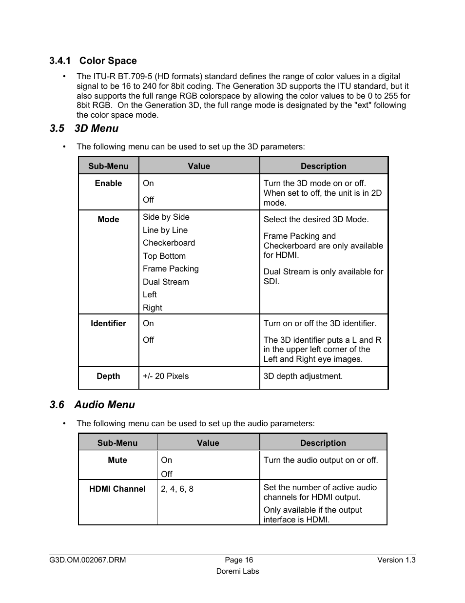 1 color space, 5 3d menu, 6 audio menu | Doremi GENeration3D User Manual | Page 16 / 40