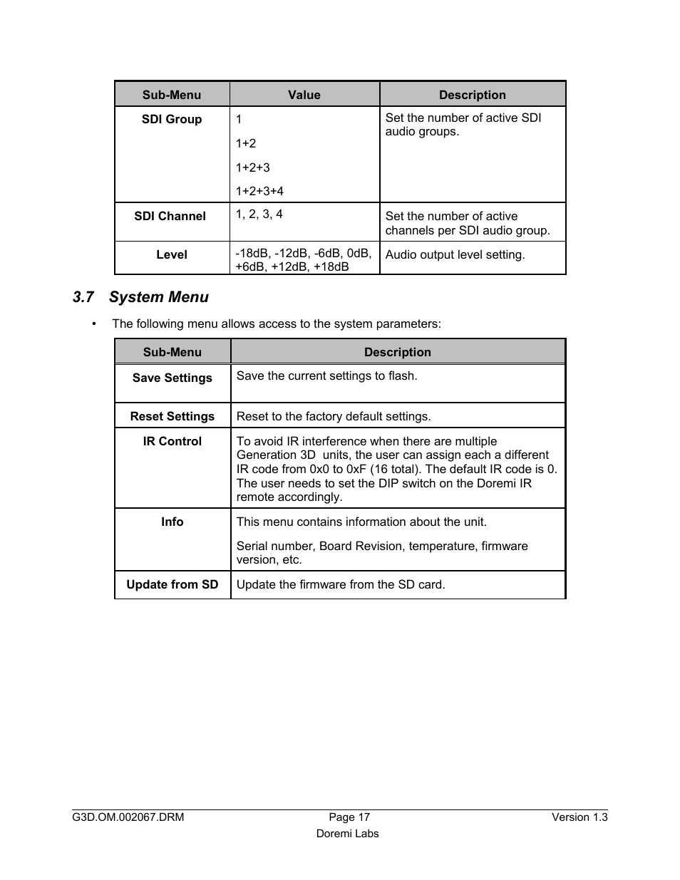 7 system menu | Doremi GENeration3D User Manual | Page 17 / 40