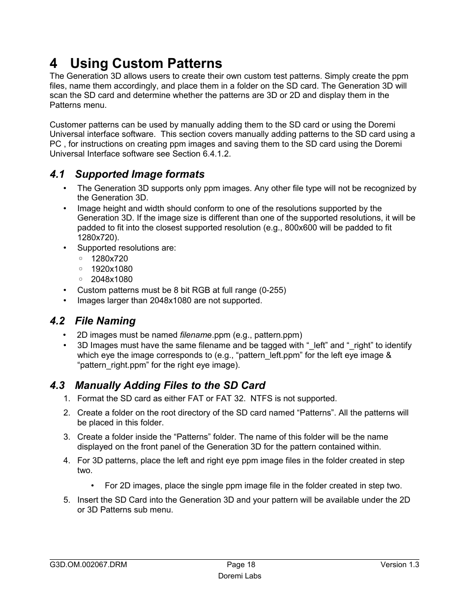 4 using custom patterns, 1 supported image formats, 2 file naming | 3 manually adding files to the sd card | Doremi GENeration3D User Manual | Page 18 / 40