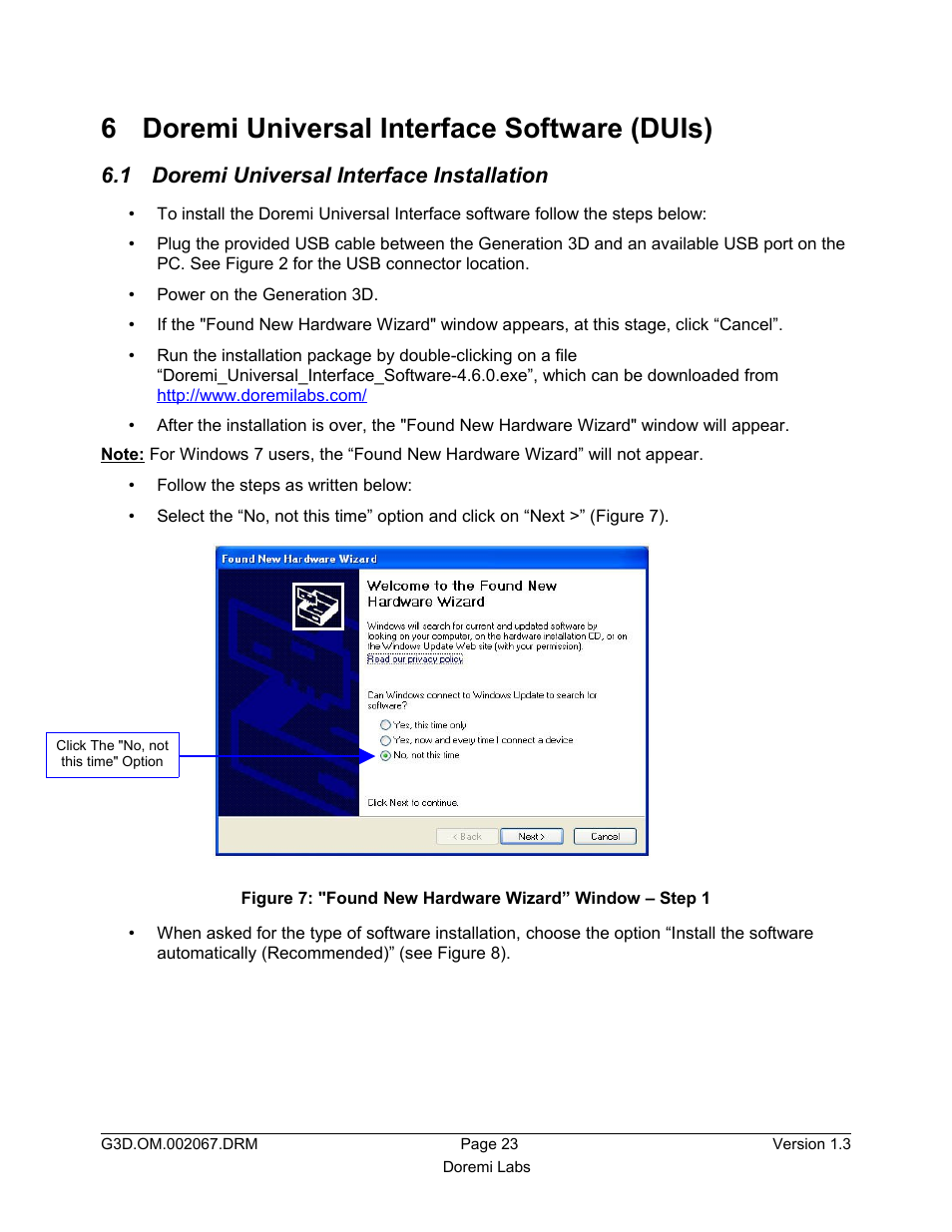6 doremi universal interface software (duis), 1 doremi universal interface installation | Doremi GENeration3D User Manual | Page 23 / 40