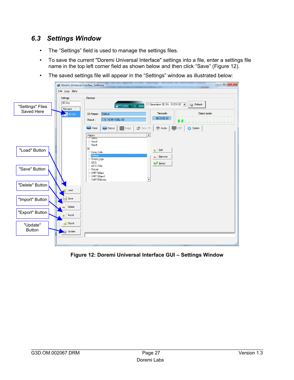 3 settings window | Doremi GENeration3D User Manual | Page 27 / 40