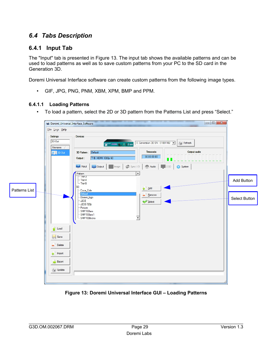 4 tabs description, 1 input tab, 1 loading patterns | Doremi GENeration3D User Manual | Page 29 / 40