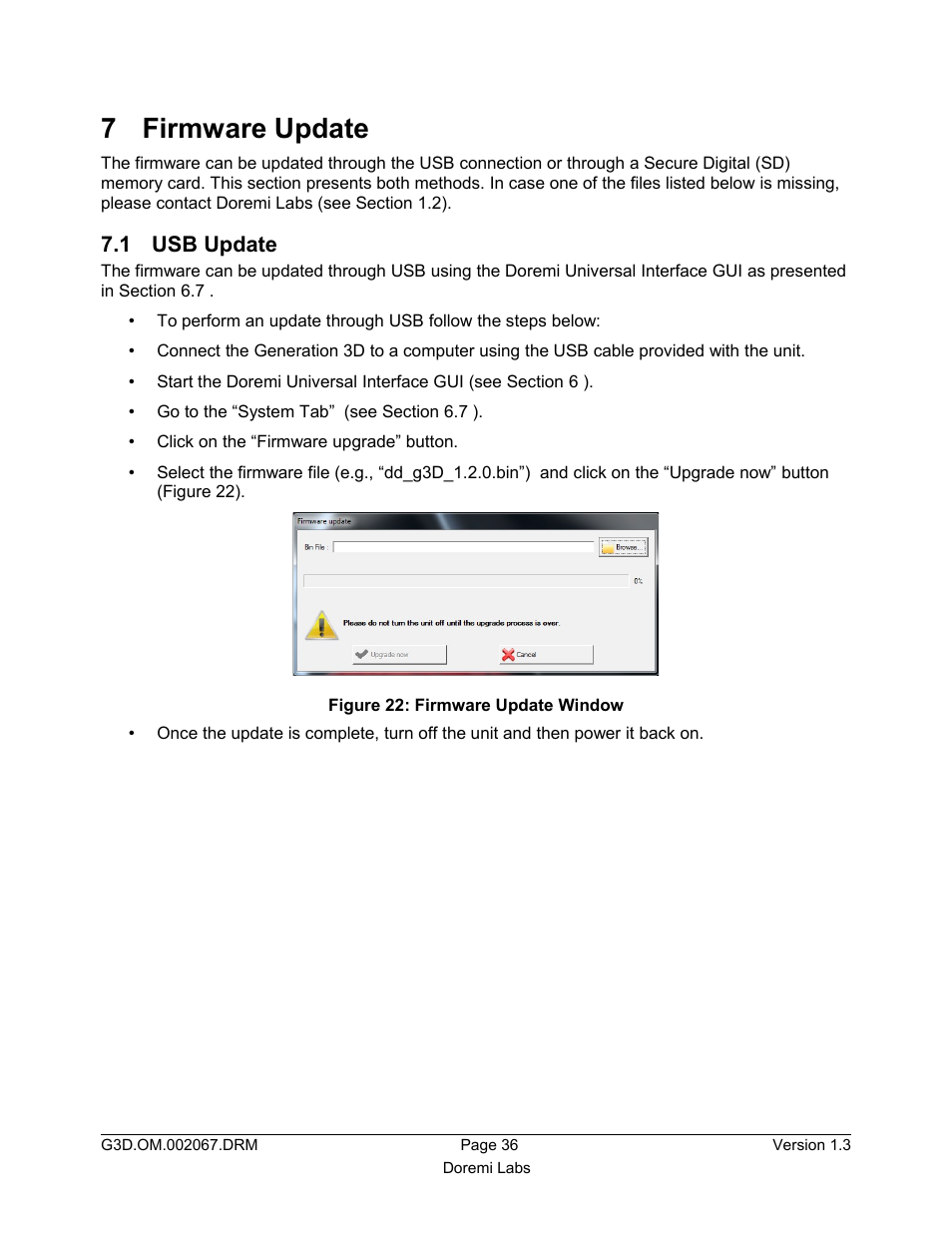 7 firmware update, 1 usb update | Doremi GENeration3D User Manual | Page 36 / 40