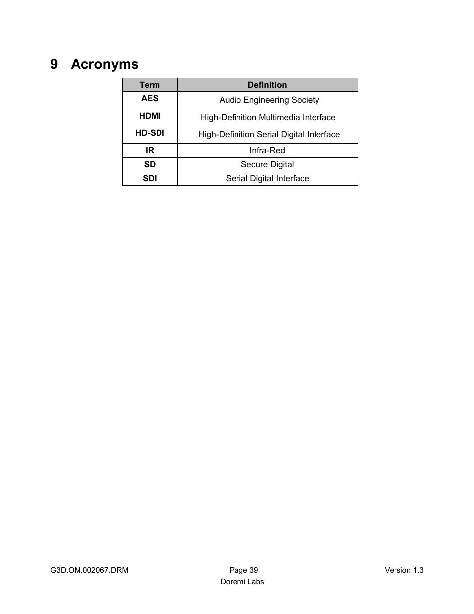 9 acronyms | Doremi GENeration3D User Manual | Page 39 / 40