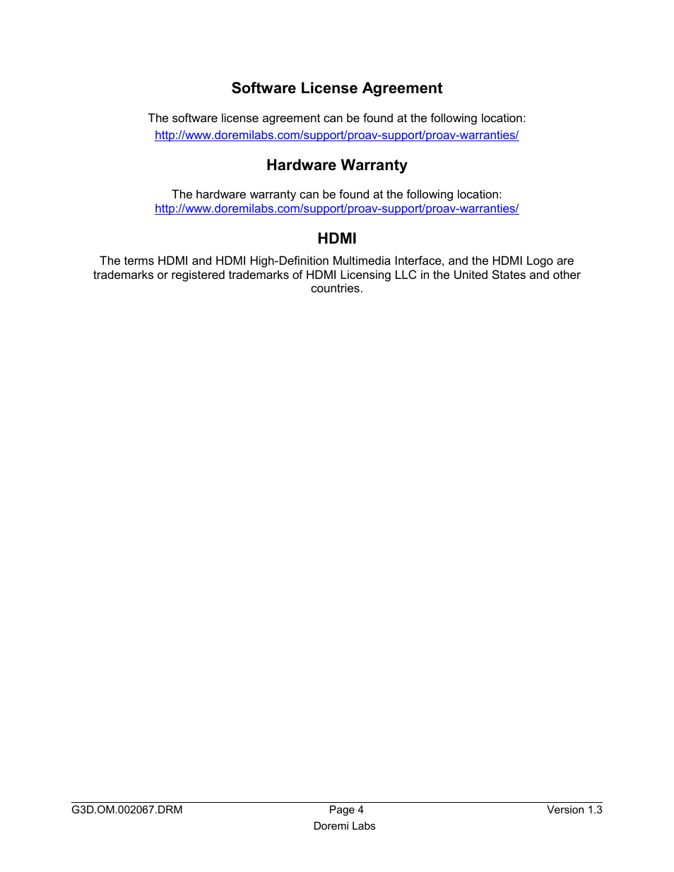 Software license agreement, Hardware warranty, Hdmi | Doremi GENeration3D User Manual | Page 4 / 40