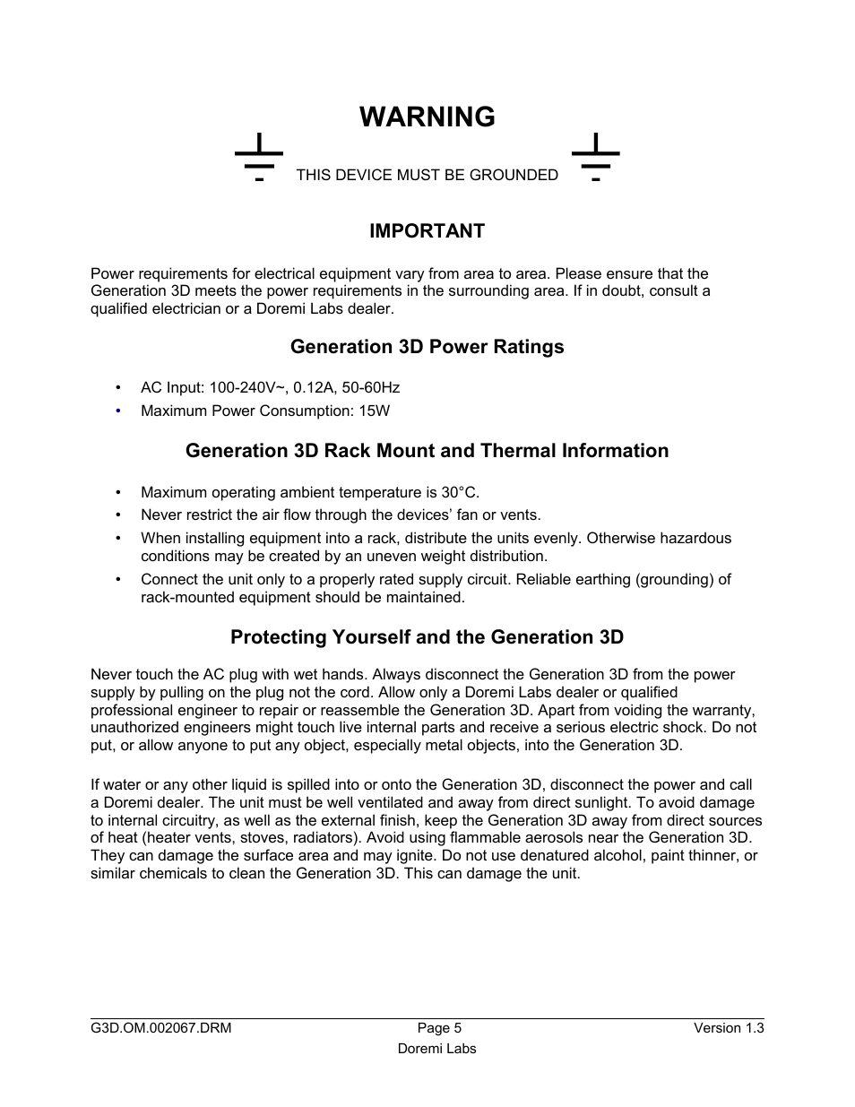 Warning | Doremi GENeration3D User Manual | Page 5 / 40