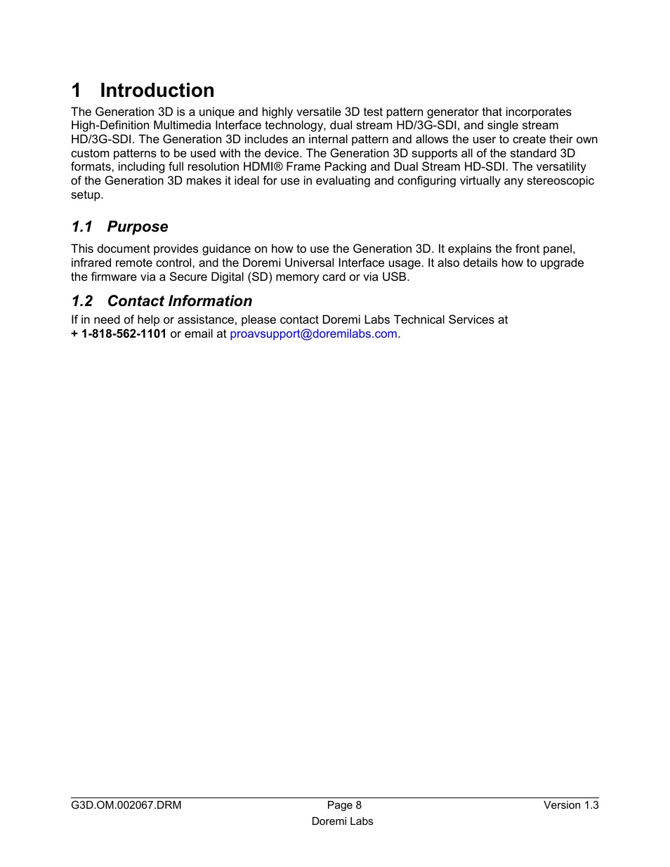 1 introduction, 1 purpose, 2 contact information | Doremi GENeration3D User Manual | Page 8 / 40