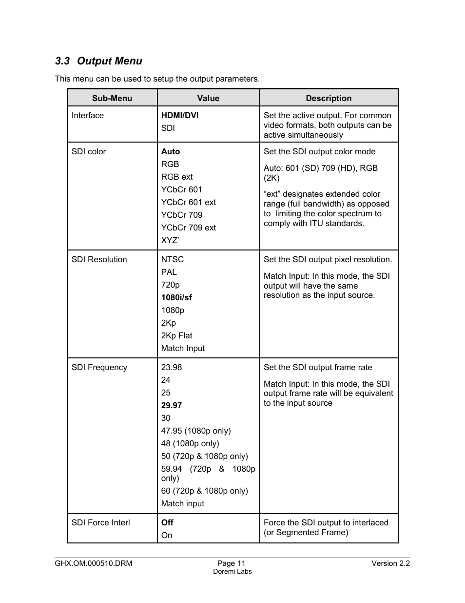 3 output menu | Doremi GHX-10 User Manual | Page 11 / 36