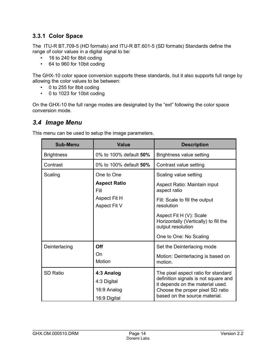 1 color space, 4 image menu | Doremi GHX-10 User Manual | Page 14 / 36