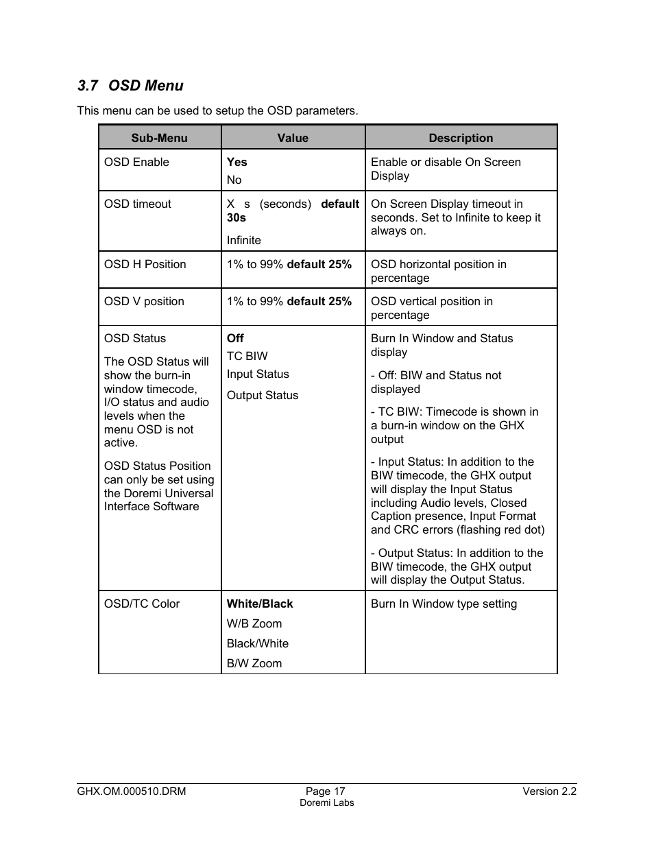 7 osd menu | Doremi GHX-10 User Manual | Page 17 / 36