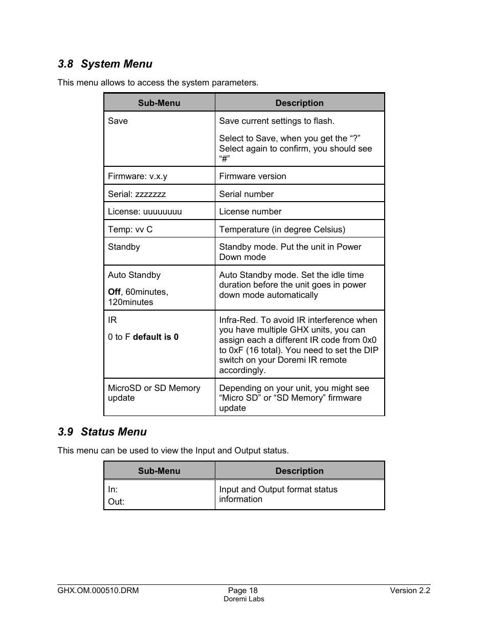 8 system menu, 9 status menu | Doremi GHX-10 User Manual | Page 18 / 36