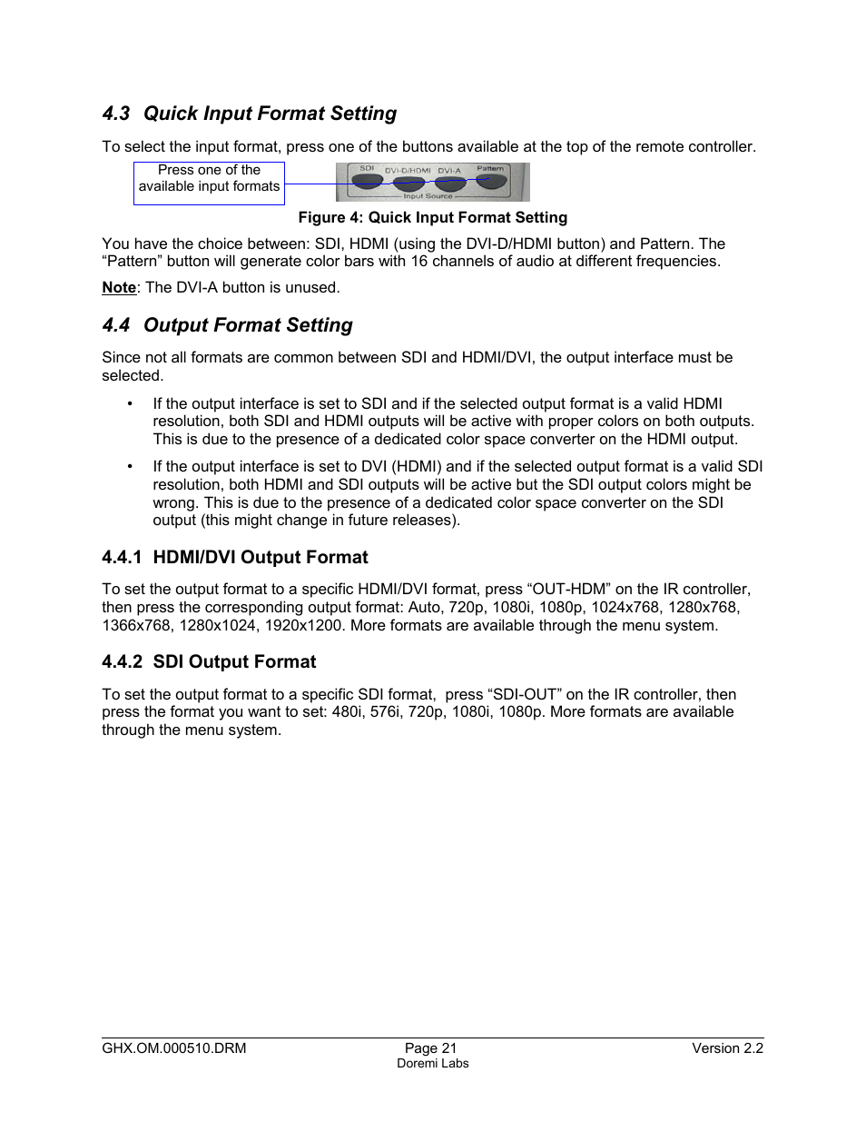 3 quick input format setting, 4 output format setting, 1 hdmi/dvi output format | 2 sdi output format | Doremi GHX-10 User Manual | Page 21 / 36