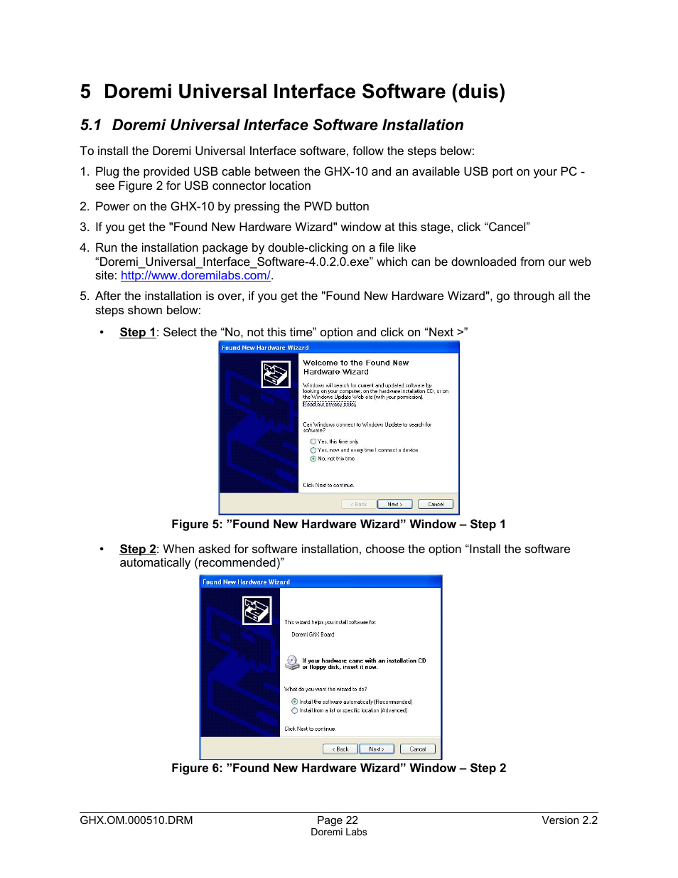 5 doremi universal interface software (duis), 1 doremi universal interface software installation | Doremi GHX-10 User Manual | Page 22 / 36